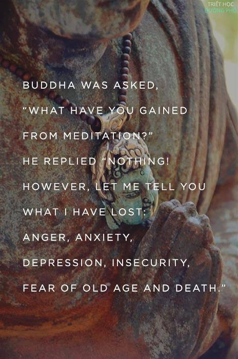Buddha was asked, "What have you gained from meditation?" He replied, "Nothing! However, let me tell you what I have lost: anger, anxiety, depression, insecurity, fear of old age and death."
